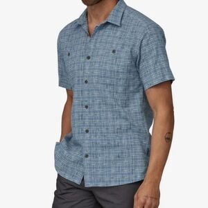 Patagonia Men's Large Back Step Shirt blue button down Organic Cotton & Hemp